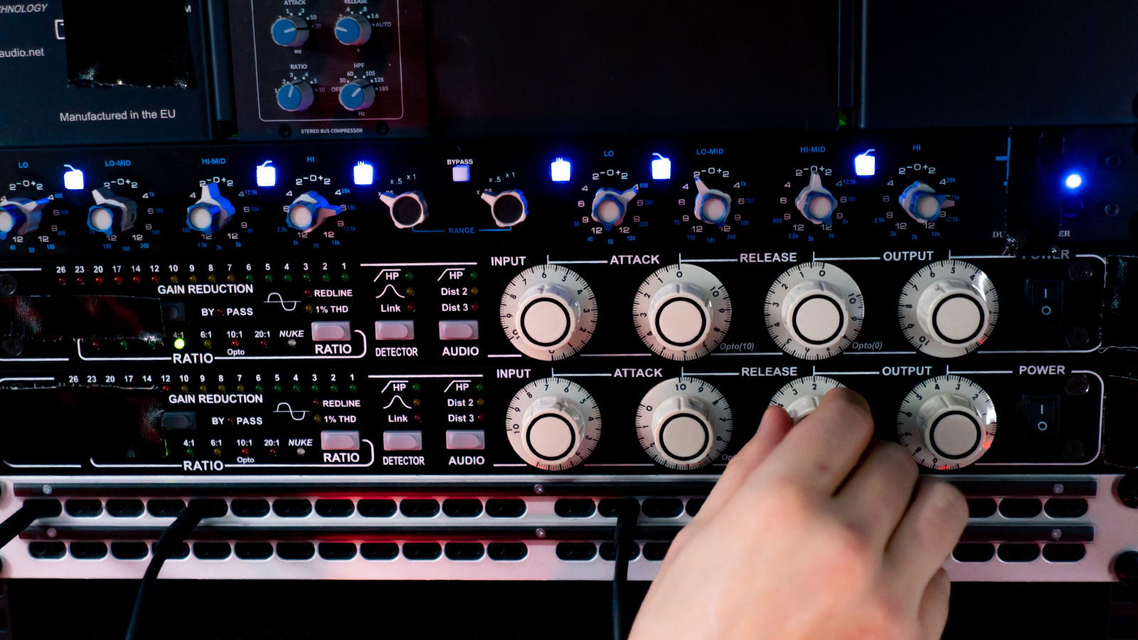 PA system amplifier rack and zone controller panel